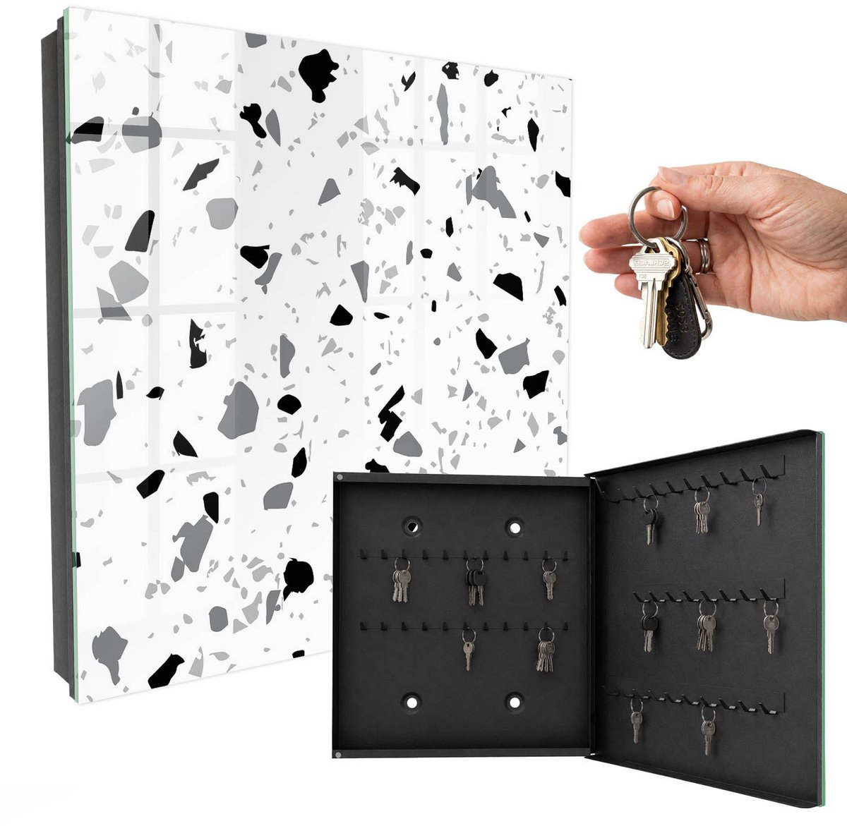 WallMuralia - Sleutelkast - 30x30x5 cm - met 50 haken - Monochroom Terrazzo Sleutelkastje Hal - Wit Sleutelbox - Rechtsopenend - Zwart interieur