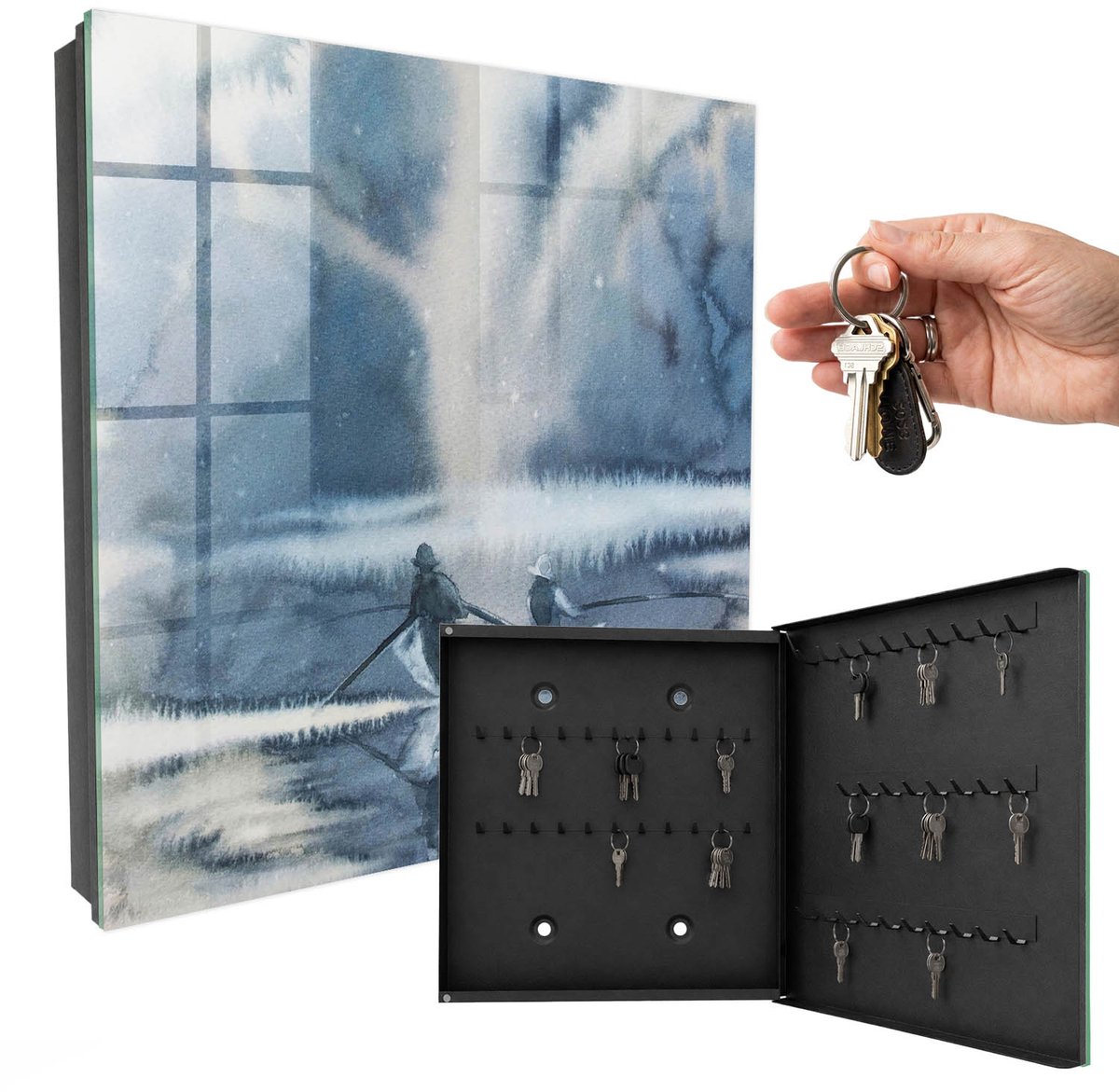 WallMuralia - Sleutelkast - 30x30x5 cm - met 50 haken - Gedwongen Stilte Sleutelkastje Huis - Blauw Sleutelbox - Rechtsopenend - Zwart interieur