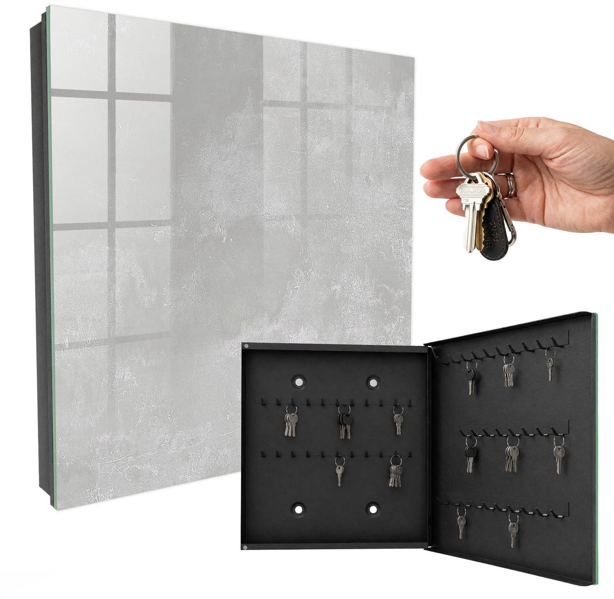 WallMuralia - Sleutelkast - 30x30x5 cm - met 50 haken - Grijze Elegantie Sleutelkastje Muur - Grijs Sleutelbox - Rechtsopenend - Zwart interieur