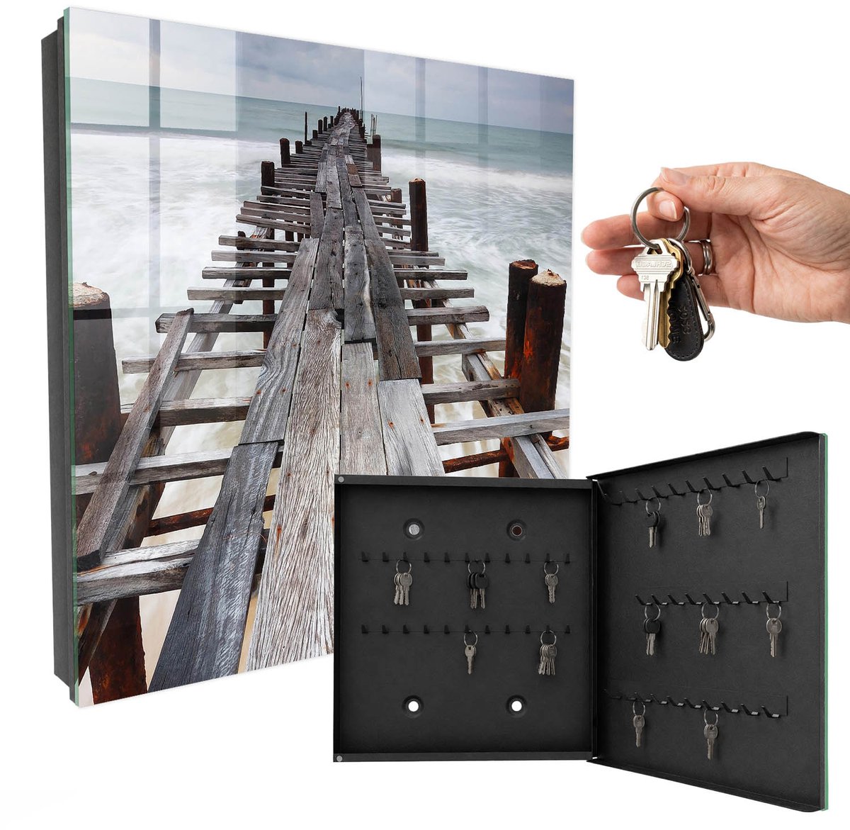 WallMuralia - Sleutelkast - 30x30x5 cm - met 50 haken - Eindeloze Haven Sleutelkastje - Grijs Sleutelbox - Rechtsopenend - Zwart interieur
