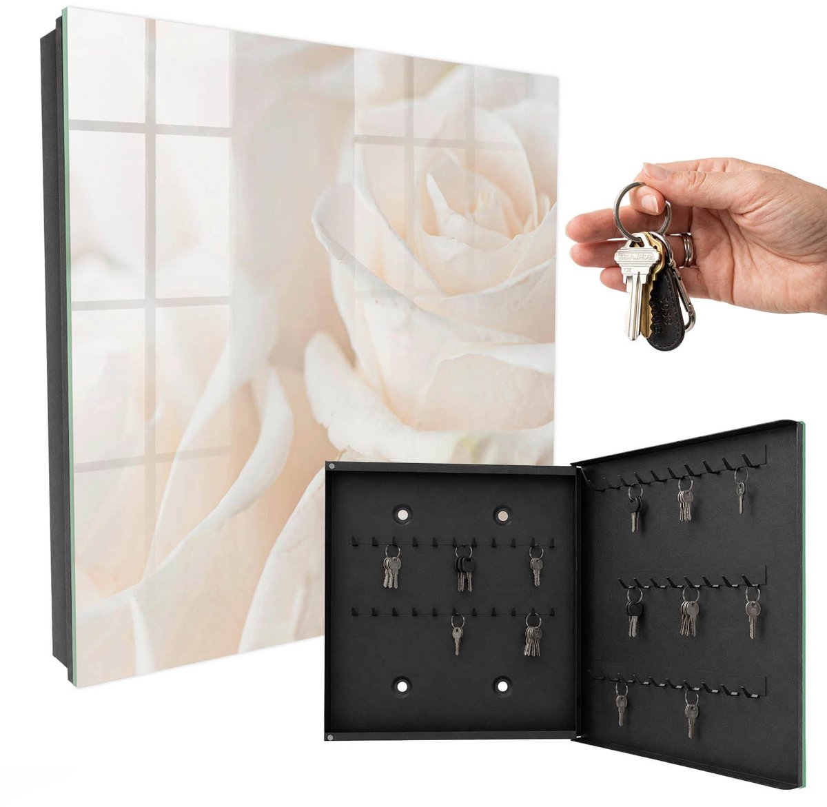 WallMuralia - Sleutelkast - 30x30x5 cm - met 50 haken - Crème Rozen Sleutelkastje Landelijk - Romig Sleutelbox - Rechtsopenend - Zwart interieur