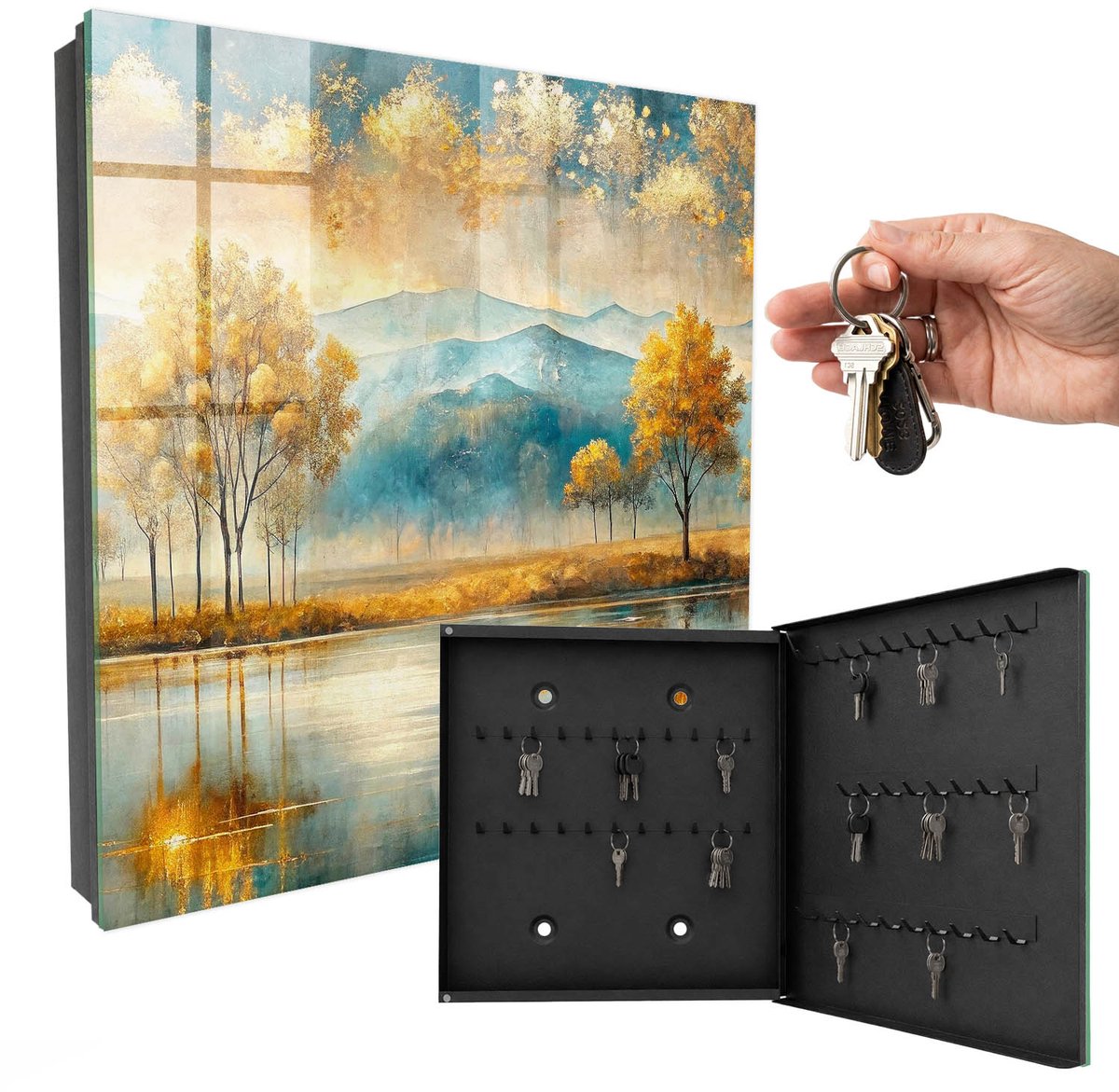 WallMuralia - Sleutelkast - 30x30x5 cm - met 50 haken - Herfstharmonie Sleutelkastje Huis - Geel Sleutelbox - Rechtsopenend - Zwart interieur