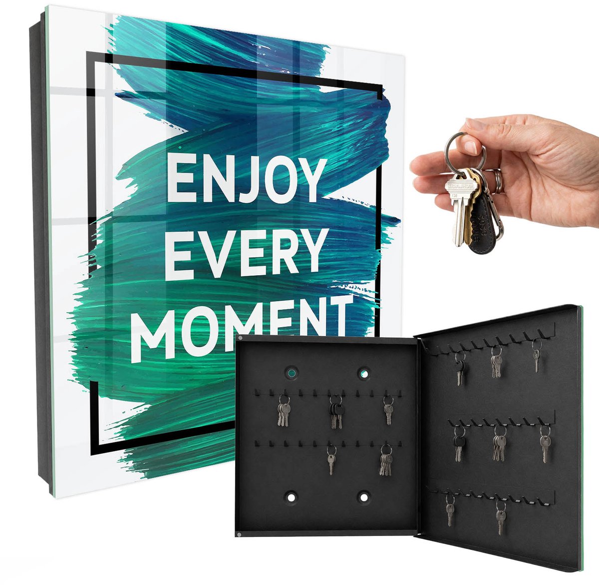 WallMuralia - Sleutelkast - 30x30x5 cm - met 50 haken - Dagelijkse Inspiratie Leuk Sleutelkastje - Blauw Sleutelbox - Rechtsopenend - Zwart interieur