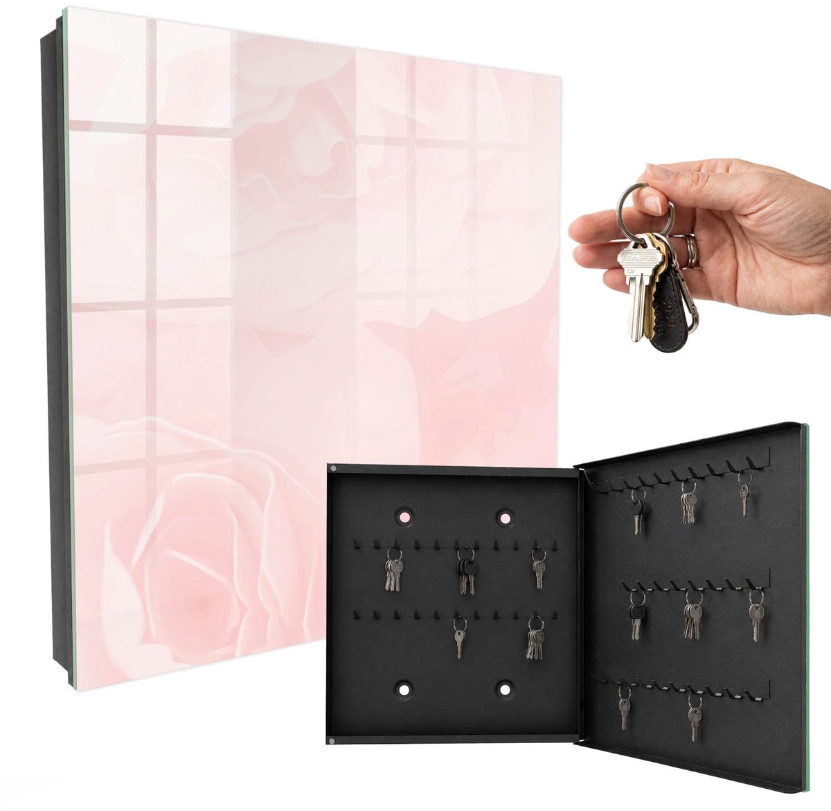 WallMuralia - Sleutelkast - 30x30x5 cm - met 50 haken - Pastel Rozen Sleutelkastje Muur - Roze Sleutelbox - Rechtsopenend - Zwart interieur