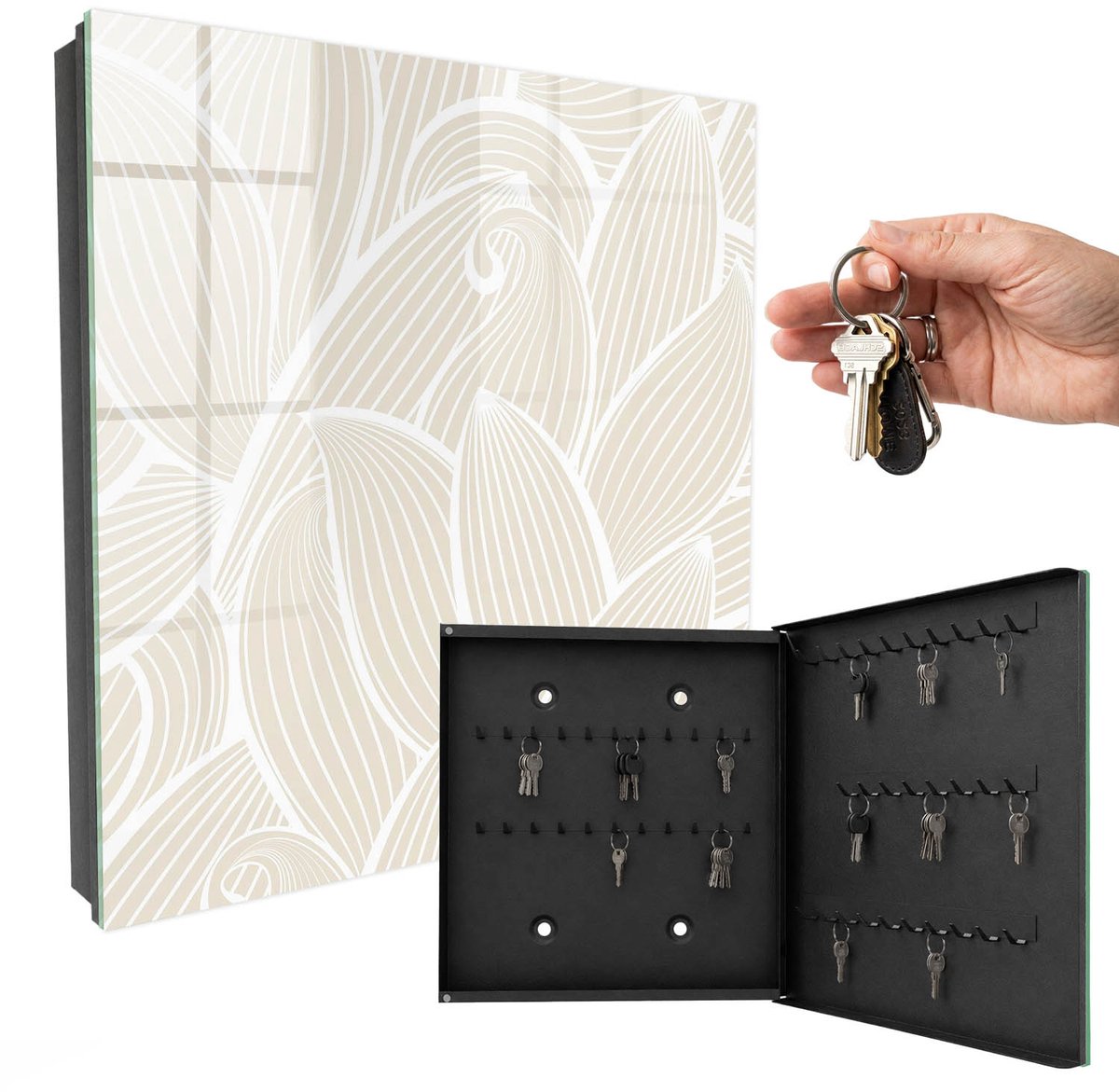 WallMuralia - Sleutelkast - 30x30x5 cm - met 50 haken - Organisch Patroon Sleutelkastje Design - Beige Sleutelbox - Rechtsopenend - Zwart interieur