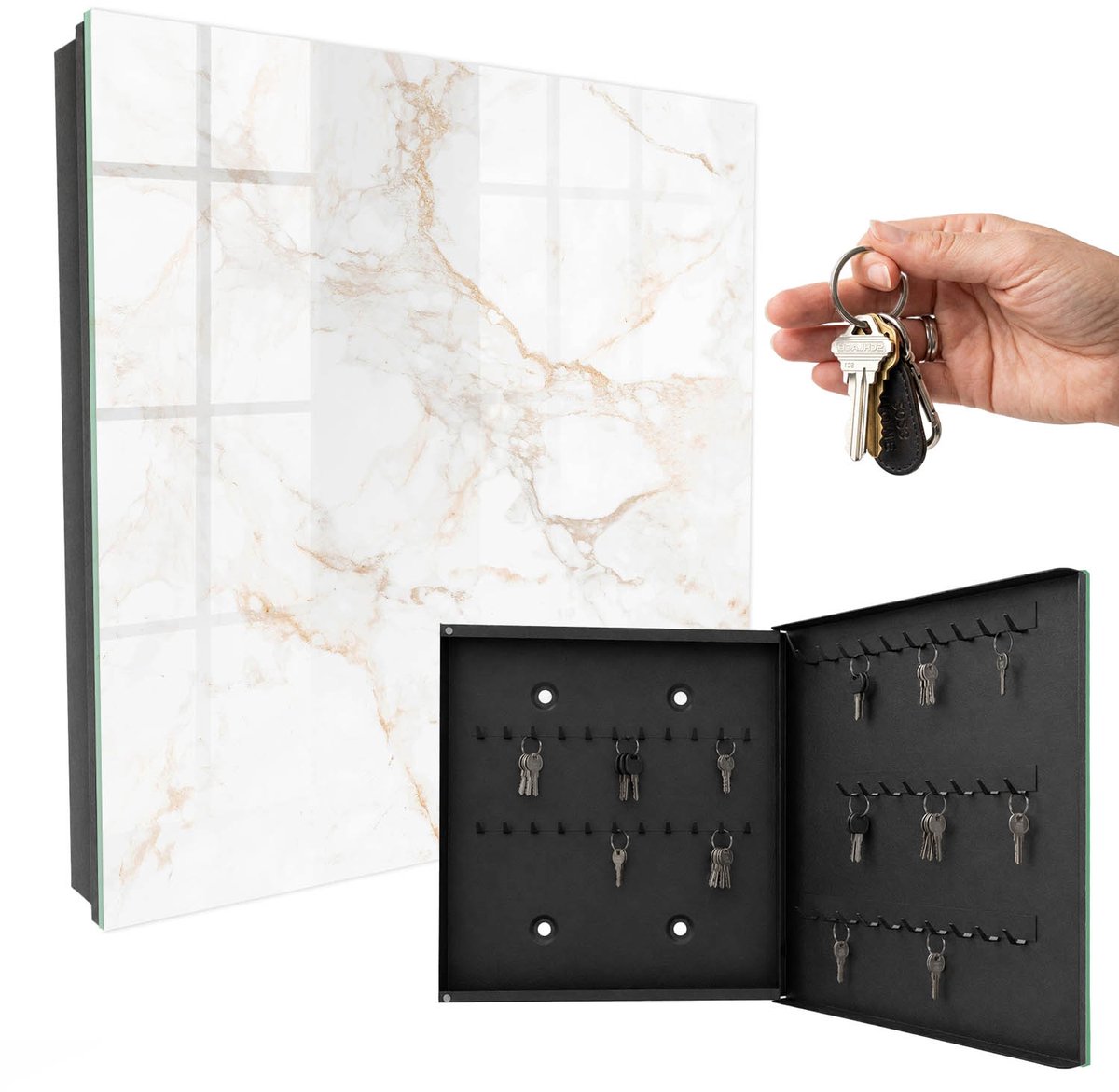 WallMuralia - Sleutelkast - 30x30x5 cm - met 50 haken - De Elegantie Van Marmer Sleutelkastje Industrieel - Wit Sleutelbox - Rechtsopenend - Zwart interieur