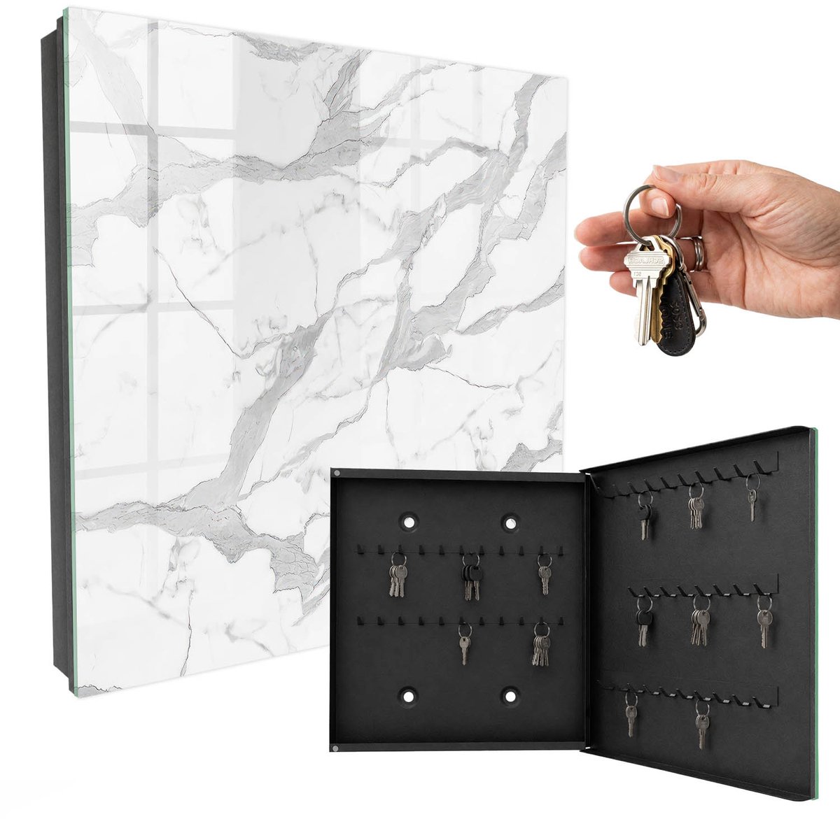 WallMuralia - Sleutelkast - 30x30x5 cm - met 50 haken - Marmeren Elegantie Sleutelkastje Hal - Wit Sleutelbox - Rechtsopenend - Zwart interieur