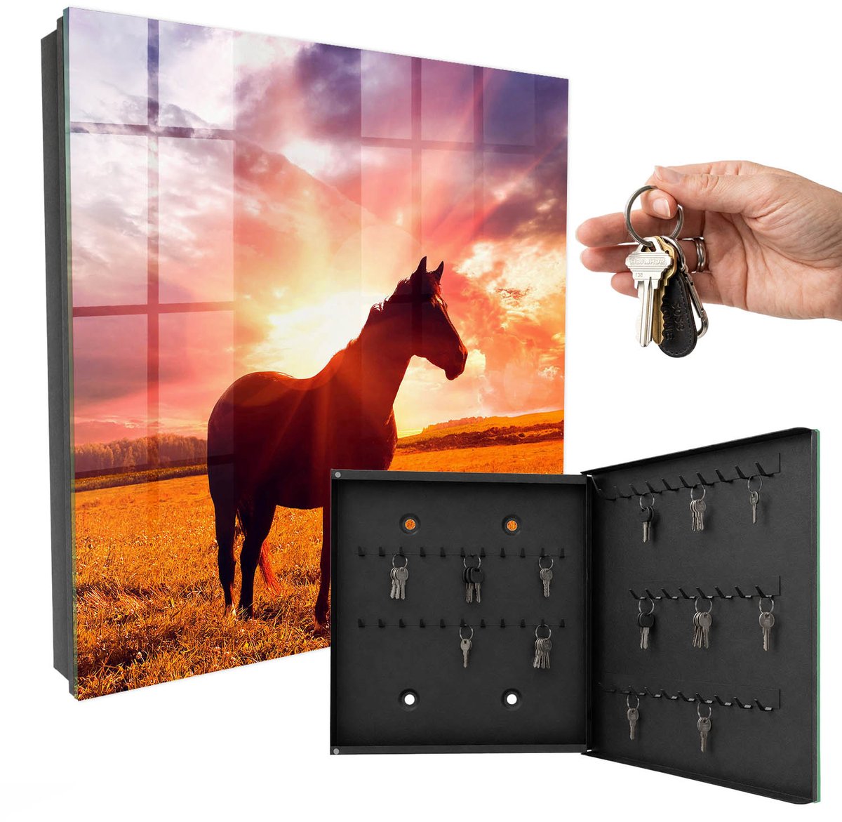 WallMuralia - Sleutelkast - 30x30x5 cm - met 50 haken - Paard In De Zon Sleutelkastje Gang - Oranje Sleutelbox - Rechtsopenend - Zwart interieur