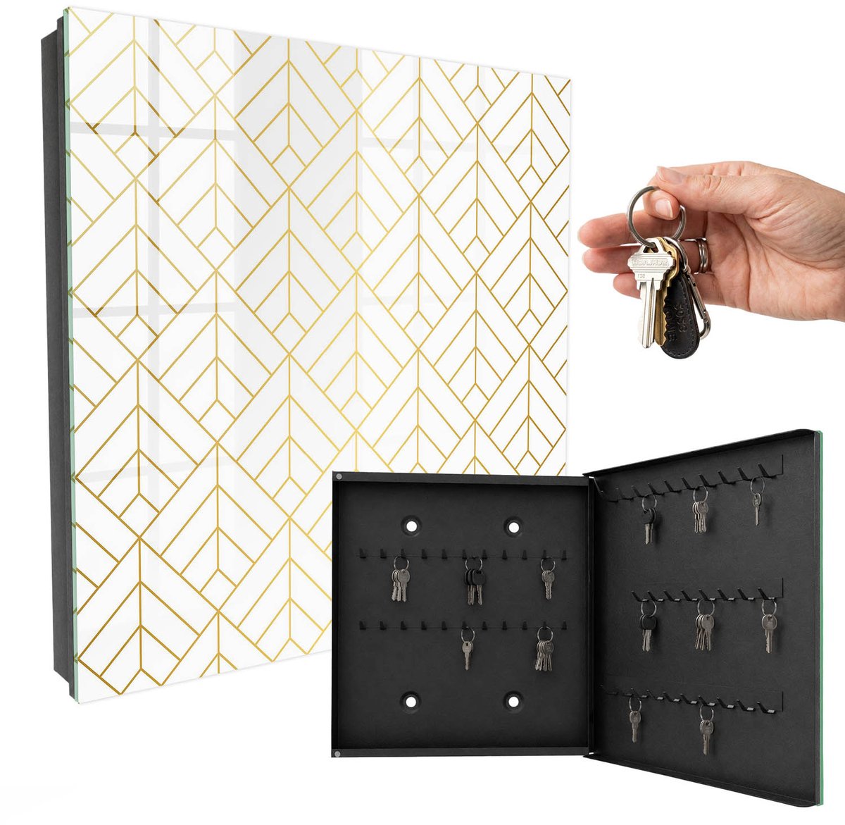 WallMuralia - Sleutelkast - 30x30x5 cm - met 50 haken - Stijlvolle Geometrie Sleutelkastje Muur - Wit Sleutelbox - Rechtsopenend - Zwart interieur
