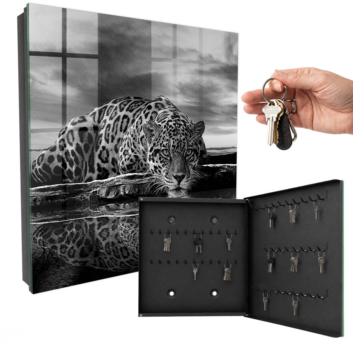 WallMuralia - Sleutelkast - 30x30x5 cm - met 50 haken - Jaguars In Het Water Sleutelkastje - Zwart-Wit Sleutelbox - Rechtsopenend - Zwart interieur