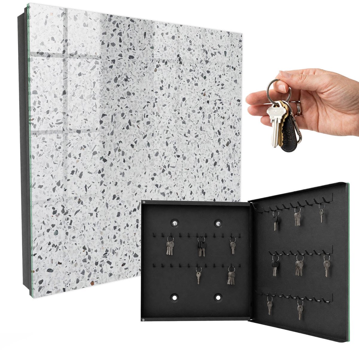 WallMuralia - Sleutelkast - 30x30x5 cm - met 50 haken - Terrazzo-Stijl Sleutelkastje Hal - Wit Sleutelbox - Rechtsopenend - Zwart interieur