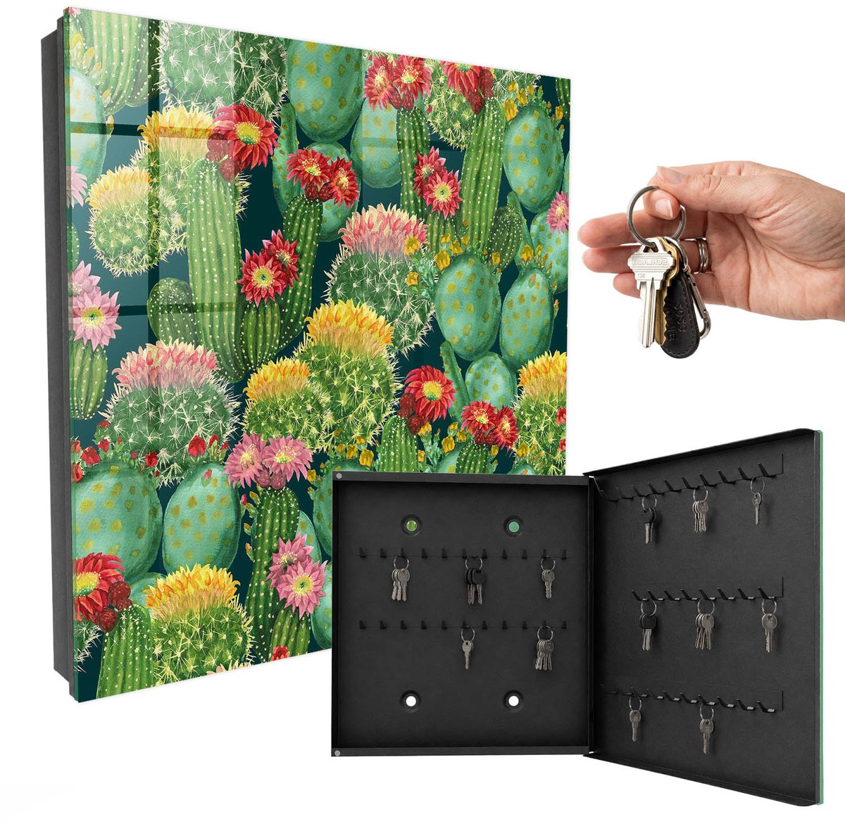 WallMuralia - Sleutelkast - 30x30x5 cm - met 50 haken - Kleurrijke Tuin Sleutelkastje Klein - Groente Sleutelbox - Rechtsopenend - Zwart interieur