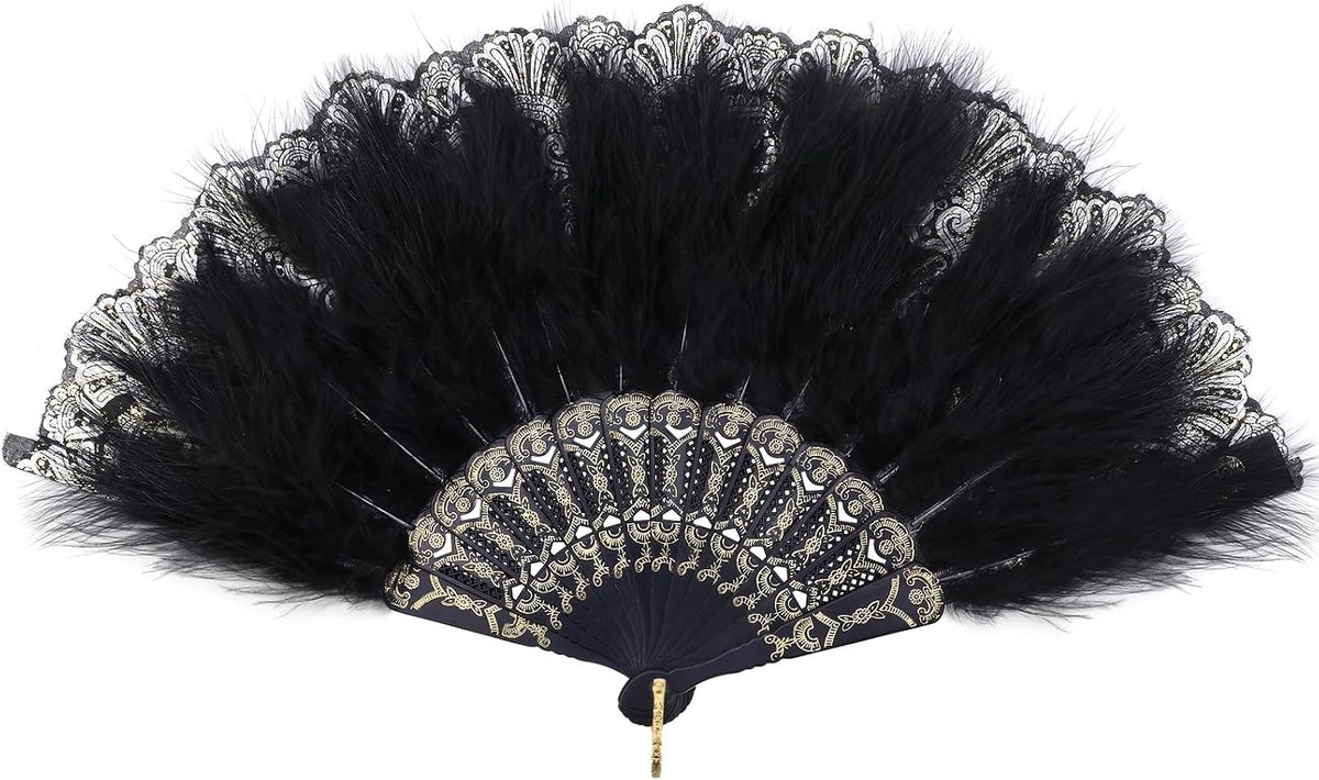 Geborduurde bloem Marabou Feather Fan, jaren 1920 vintage stijl folding handheld feather fan, flapper handfan voor kostuum Halloween dansen, bruiloft, feest, gala, thee-party, zwart