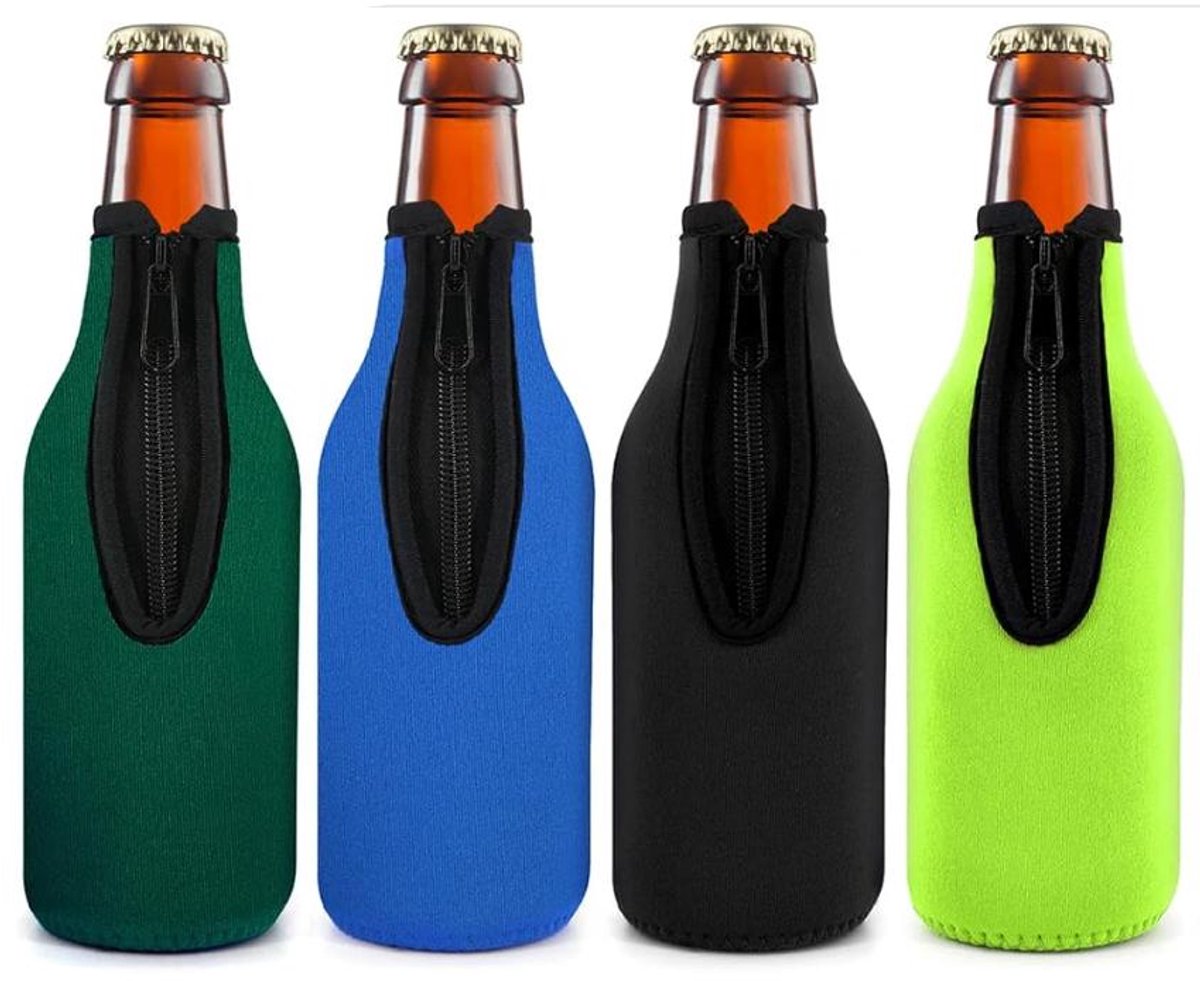Flessenkoeler - 4 stuks - Voor bier en andere koude drankjes - Universele Maat - 20x6 cm - Koeler met rits - Geschikt voor school, kantoor, thuis, op reis - Zwart, groen, donkergroen, blauw