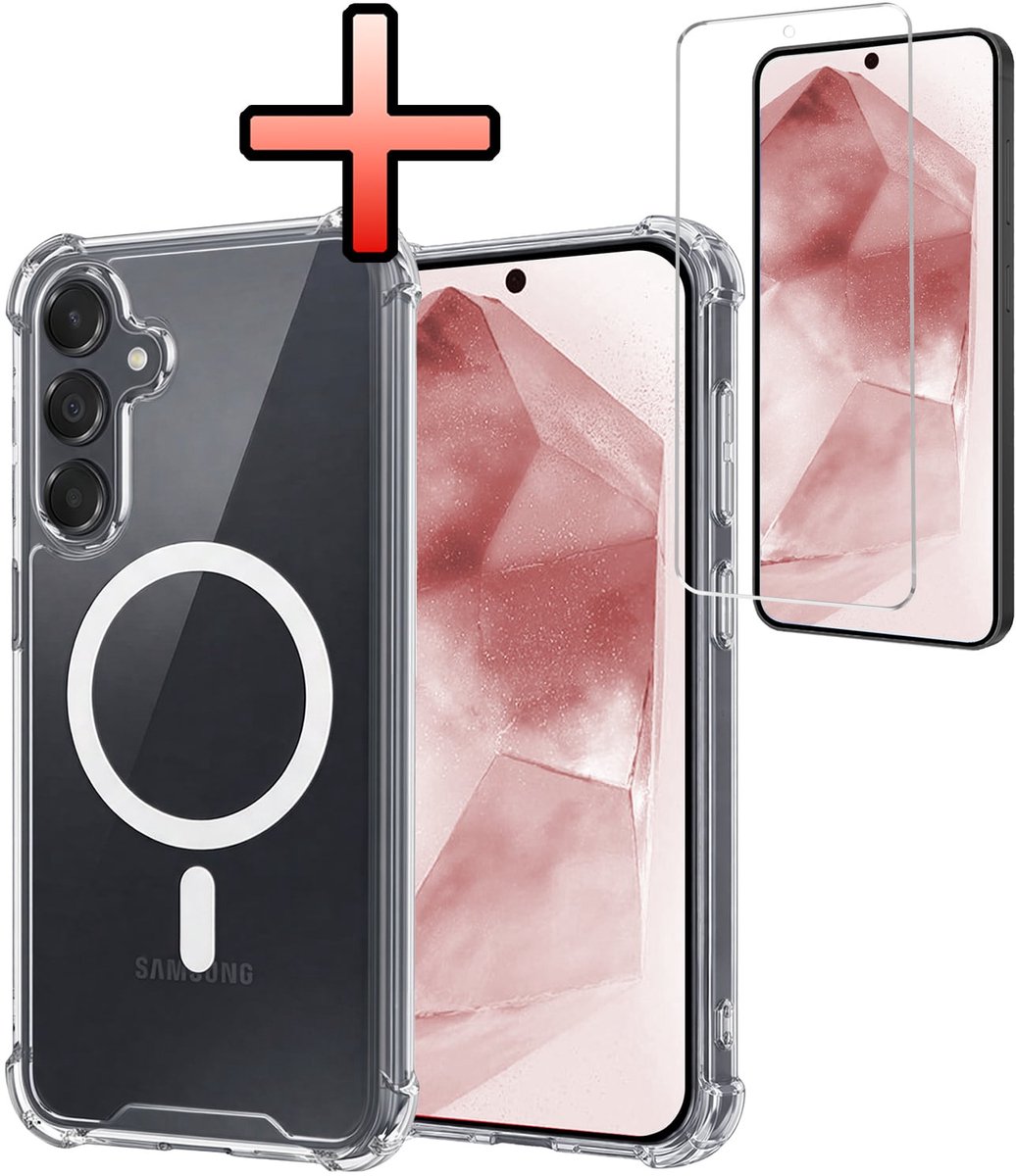 Hoesje - Met Screenprotector - Geschikt voor Samsung Galaxy A55 - Magsafe Compatible - Sterk & Shockproof - Back Cover - Shock Proof Case - Telefoon Hoes - Transparant