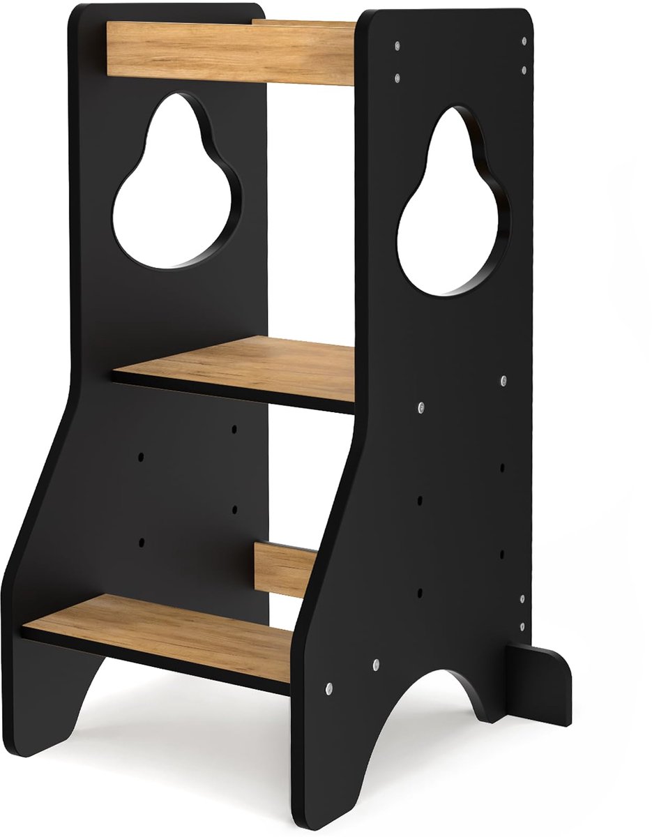 Montessori Leertoren voor Kinderen - Houten Keukentoren vanaf 18 Maanden - Verstelbare Hoogte met 3 Niveaus - Veilige Handgrepen en Stabiele Constructie - Opstapje voor Kinderen bij Koken, Wassen en Leren - Natuurlijk Hout/Zwart