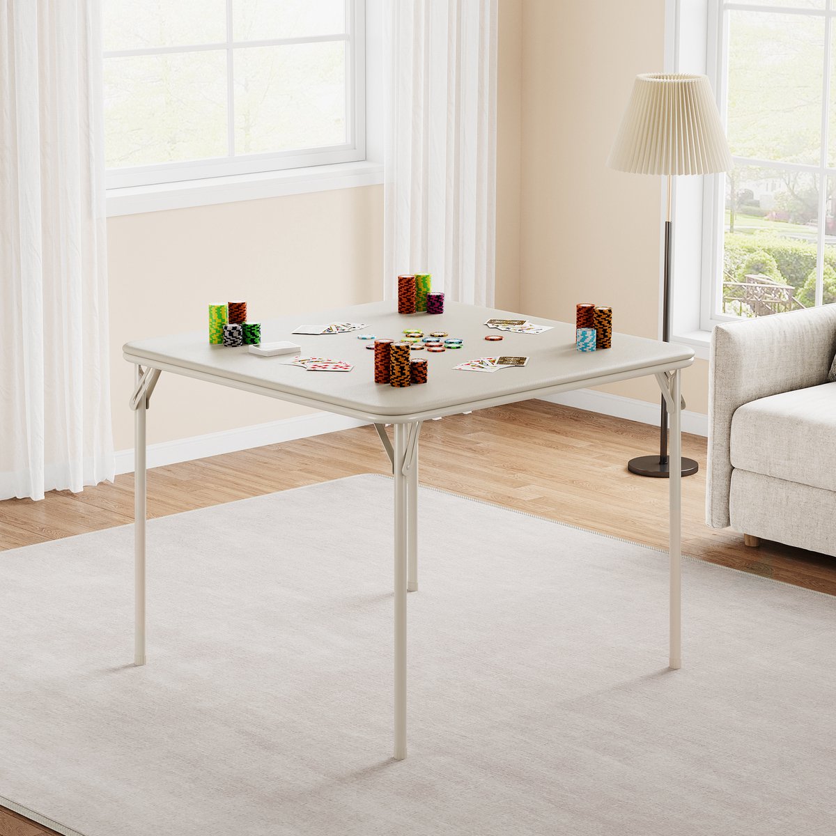 Inklapbare Kaarttafel met PU-Leren Kussen - 85x85 cm - Vierkante Speeltafel & Pokertafel - Stevig Metalen Frame - Belastbaar tot 150 kg - Geen Montage Nodig - beige(Zonder Stoelen)