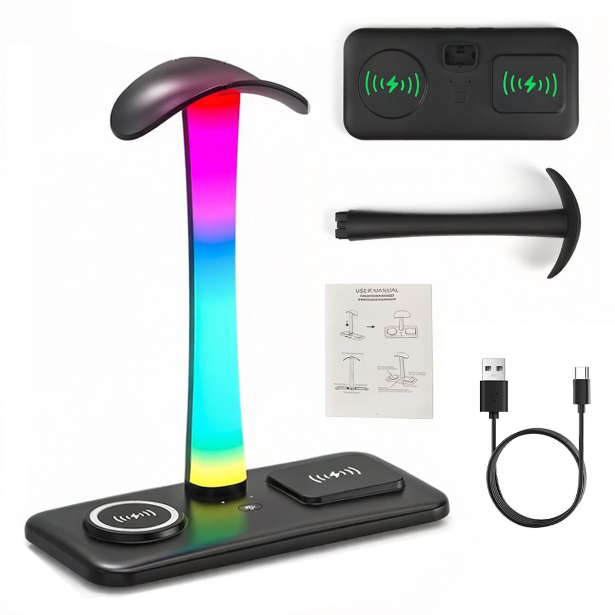 3-in-1 Snelopladende Hoofdtelefoonstandaard – Hoofdtelefoonstandaard met RGB-verlichting – Telefoonoplader – Draadloze oplader – Geschikt voor gaming en kantooromgevingen – Zwart