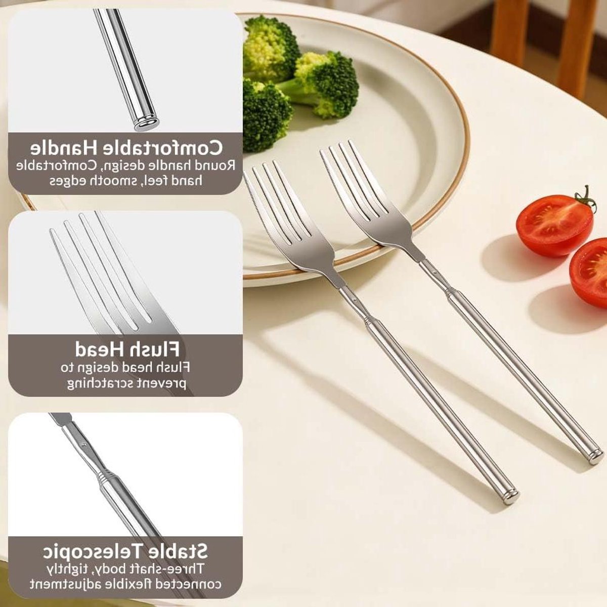 Telescopische Vork - Uittrekbare Lepel - Grillen en Eten - Roestvrij Staal - 221-646 cm - Zilver
