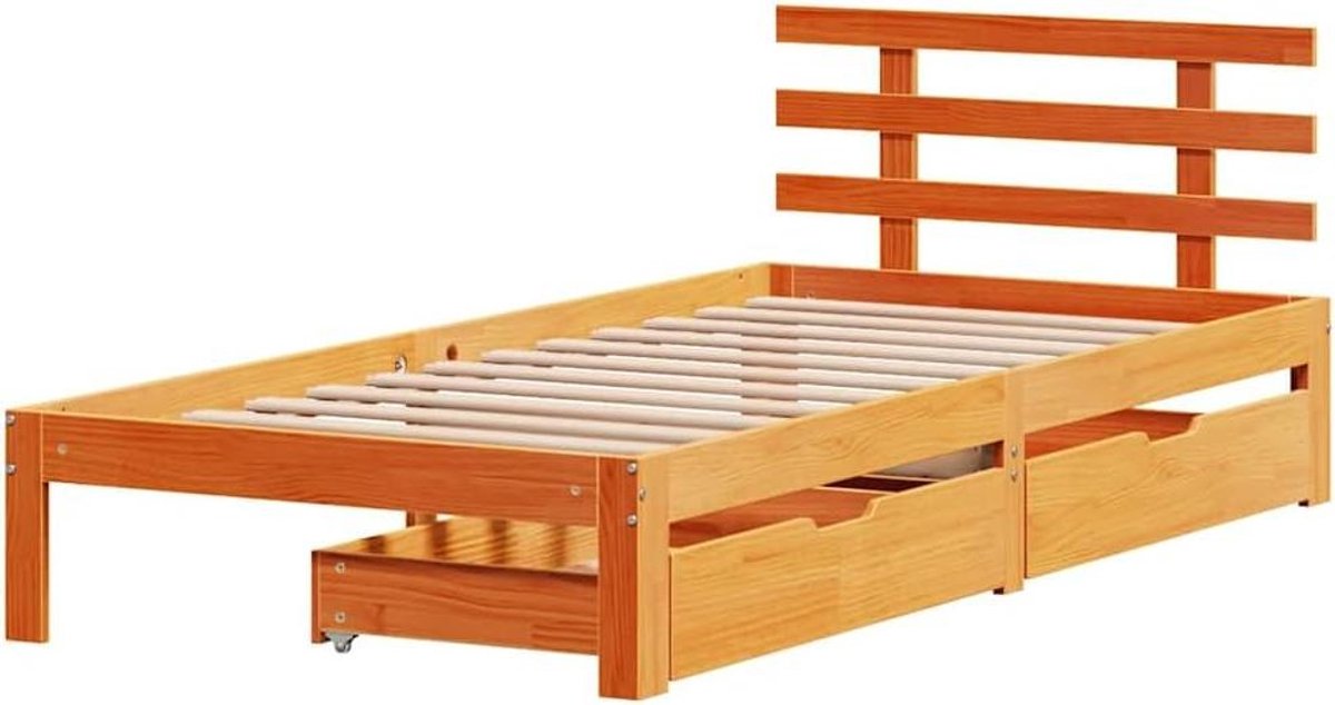 Bedframe met lades - Houten bedbodem - Opbergen en slapen - Massief grenenhout frame - 100x200 cm - Wasbruin