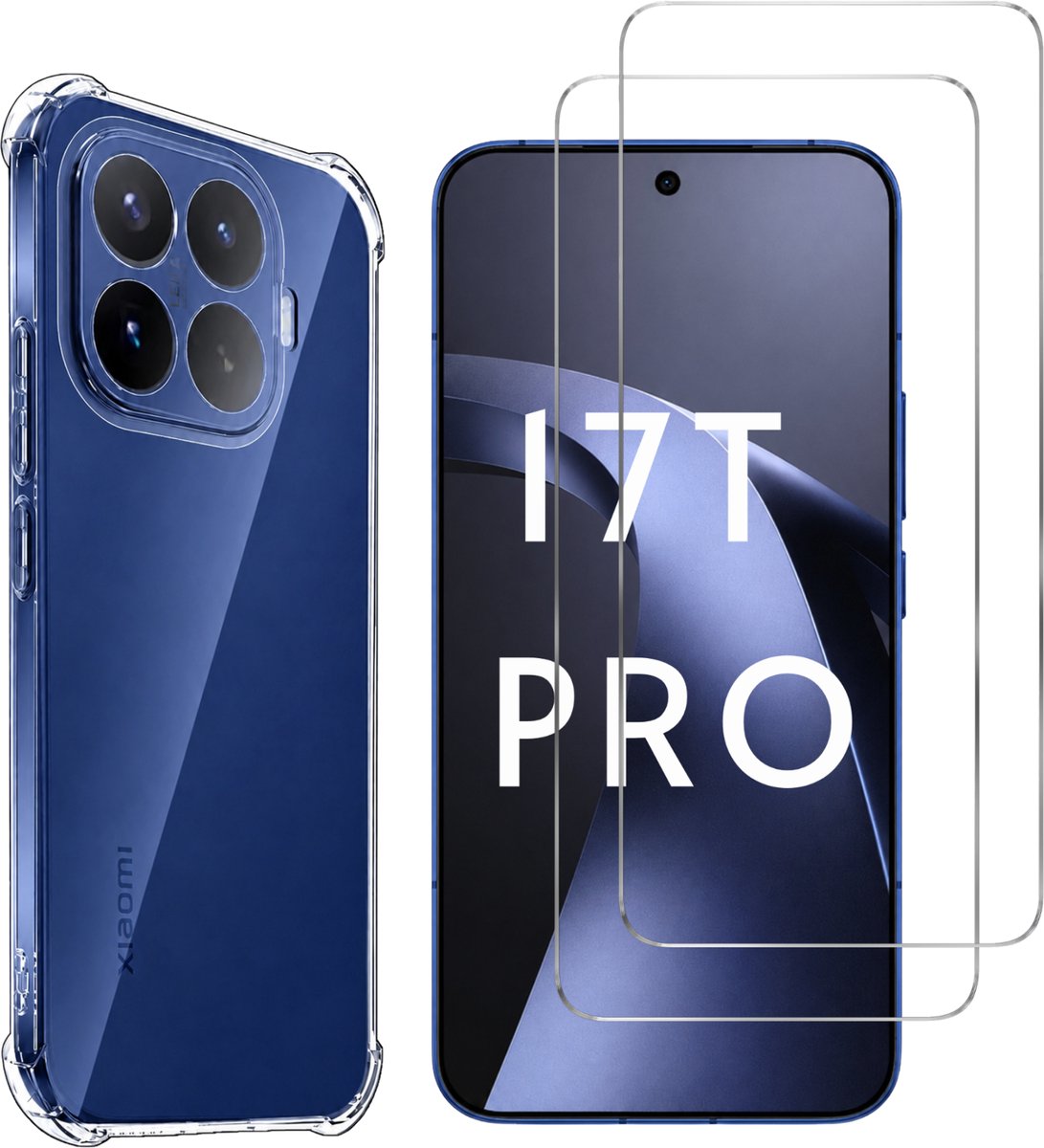 Hoesje geschikt voor Xiaomi 17T Pro backcover Shockproof siliconen Transparant en 2 stuks Screenprotector Gehard Glas
