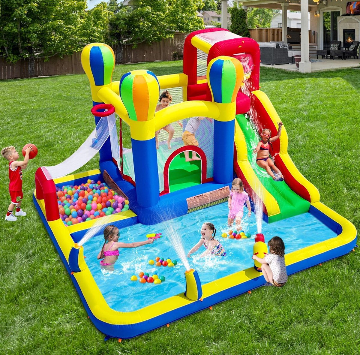 SnelShoppen - Opblaasbaar Springkasteel voor Binnen en Buiten met Waterglijbaan, Geschikt voor Kinderen van 3 tot 8 Jaar, 340 x 335 x 209 cm, Inclusie