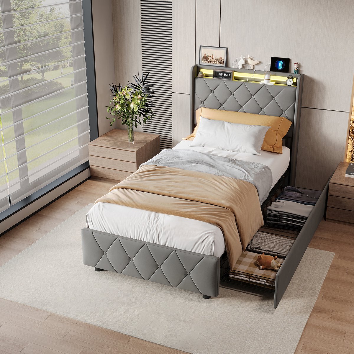 Eenpersoonsbed 90x200 cm, met 2 lades, LED-verlichting, USB-Oplader, Opbergbed, bedframe voor volwassenen met opbergruimte, lattenbodem, Fluweel Grijs