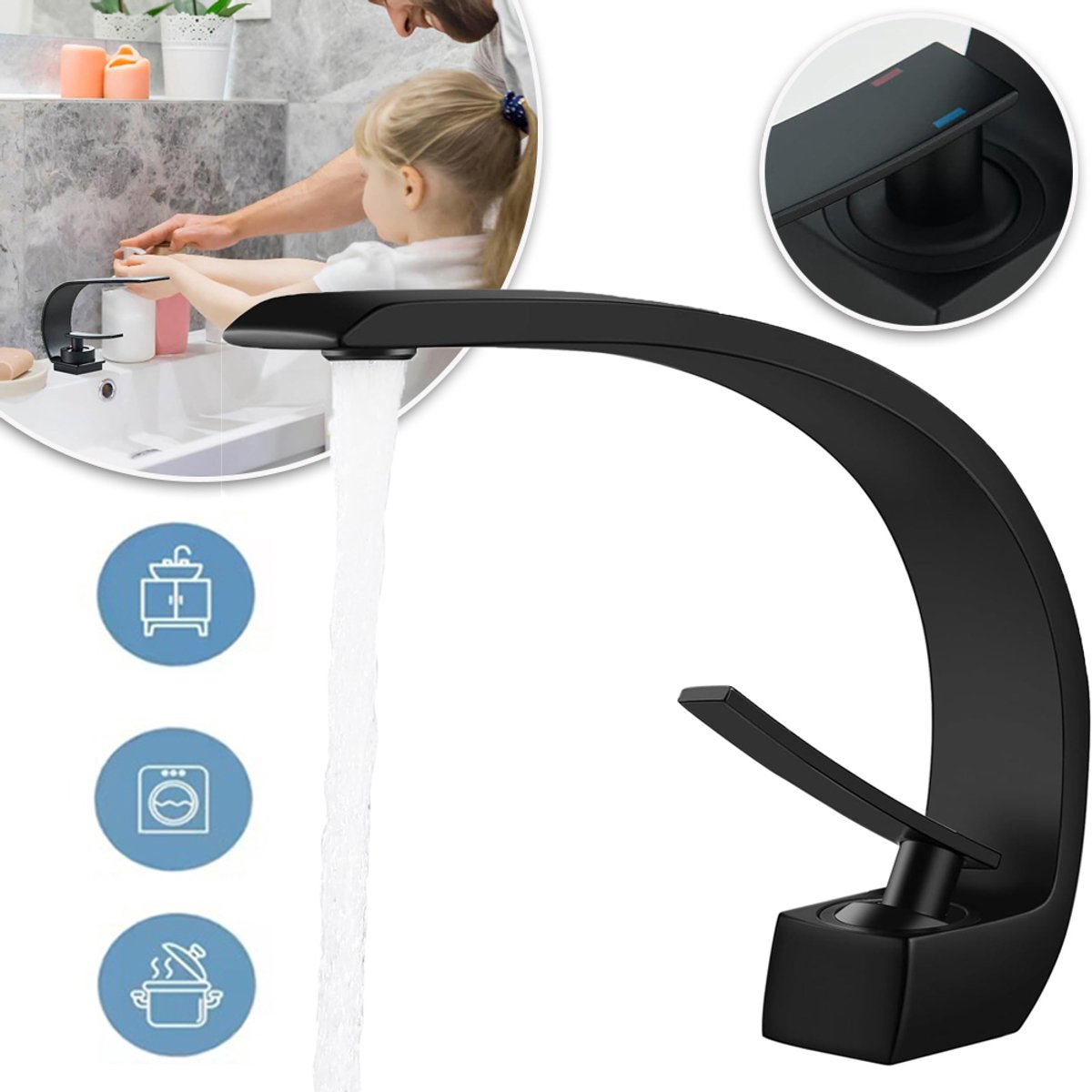 Zwarte Gebogen Wastafelkraan Met één Hendel - Warm- En Koud Water Regeling Duurzame Zinklegering Minimalistische Stijl - Perfect Voor Moderne Badkamers