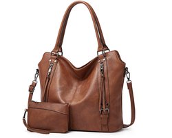 TANTOMI Dames Tassen – Handtas en Schoudertas met Kleine Portemonnee – 2-delige Set – Grote Shopper – Tote Bag – Ruime Capaciteit – Tijdloos Vintage Design – Synthetisch Leer - Bruin