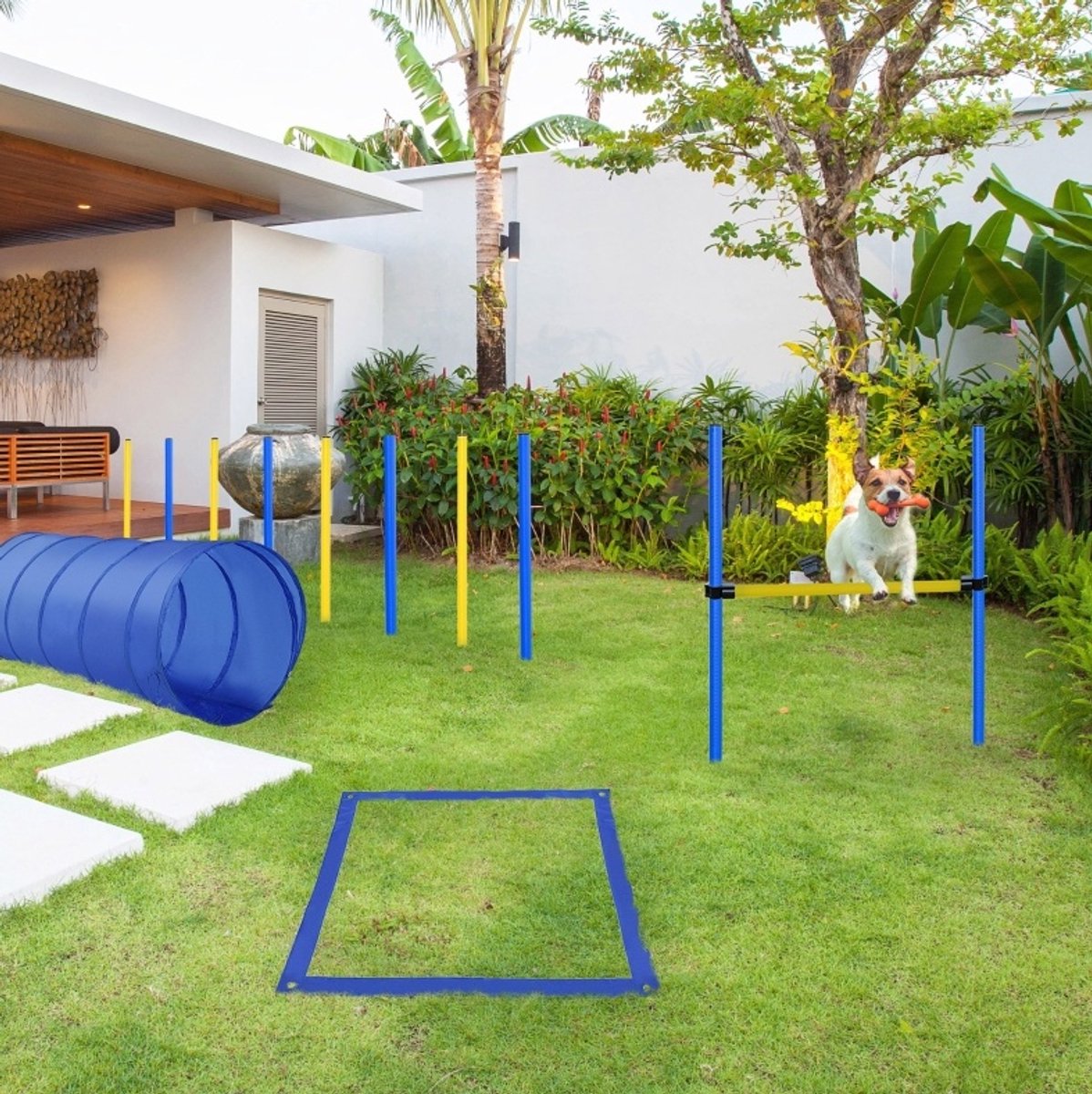 REDOM - Honden agility set - Tunnel, slalomstangen, horde en startveld - Verstelbare spronghoogte - Opbergtas - Polyethyleen - Blauw en Geel - 60 x 60 x 148 cm