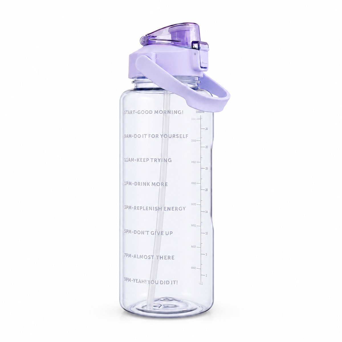 Waterfles van 2 Liter - Met Riem en Rietje en Tijdmarkering - voor Sportschool, Hardlopen en Buitenactiviteiten - Paars
