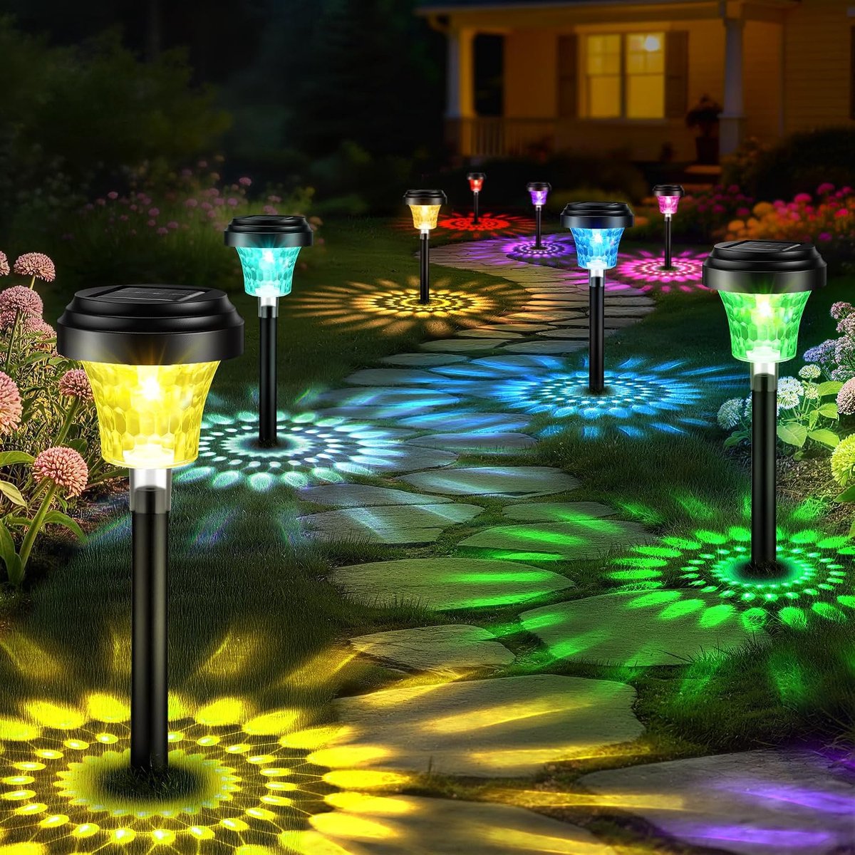 Zonnelamp voor buiten, warm licht en 7 RGB-kleuren, IP65, waterdicht, zonne-energie, padenverlichting, tuindecoratie - 8 stuks