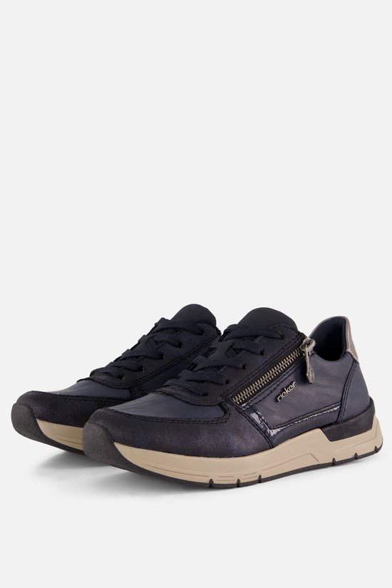 Donkerblauwe leren Rieker sneakers met rits en beige zool.