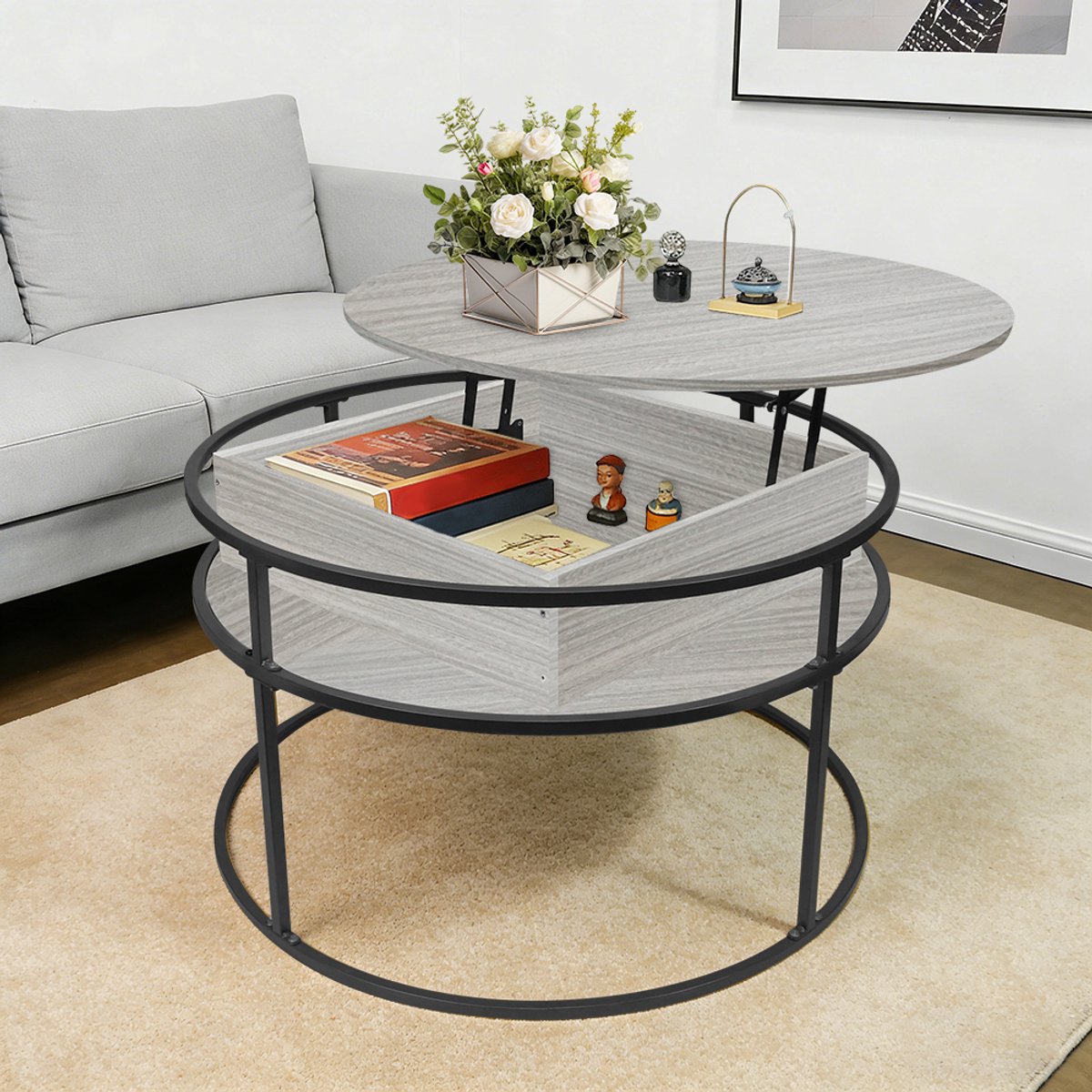 PIPIPOXER-Salontafel –Salontafel in hoogte verstelbaar - woonkamertafel met hefplaat - Salontafel rond - Table basse de salon - Kleine Tafel - Salontafels - Diameter 60 x 60 cm - lichte houtkleur