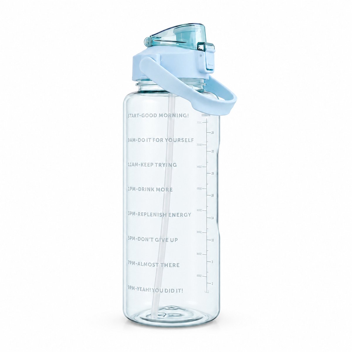 Waterfles van 2 Liter - Met Riem en Rietje en Tijdmarkering - voor School, Sport en Kamperen - Blauw