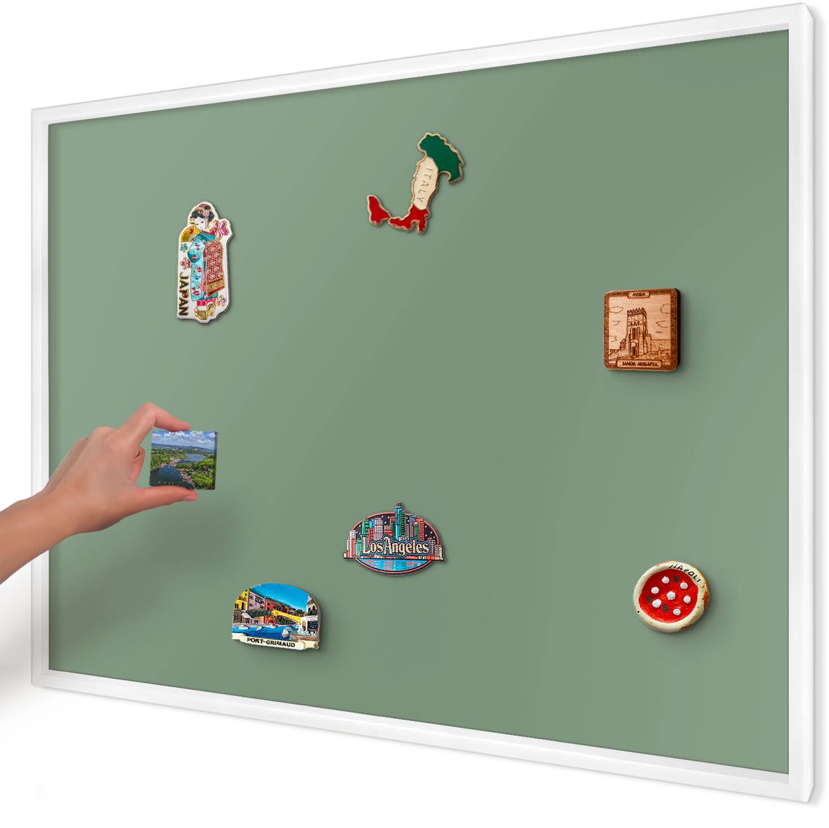 Artprintcave Groente Magneetbord mit Witte Lijst - 100x70 cm - Gedempt Groen Magneetbord Voor Keuken - Minimalist Magneetbord Voor Foto's - Achtergronden En Patronen