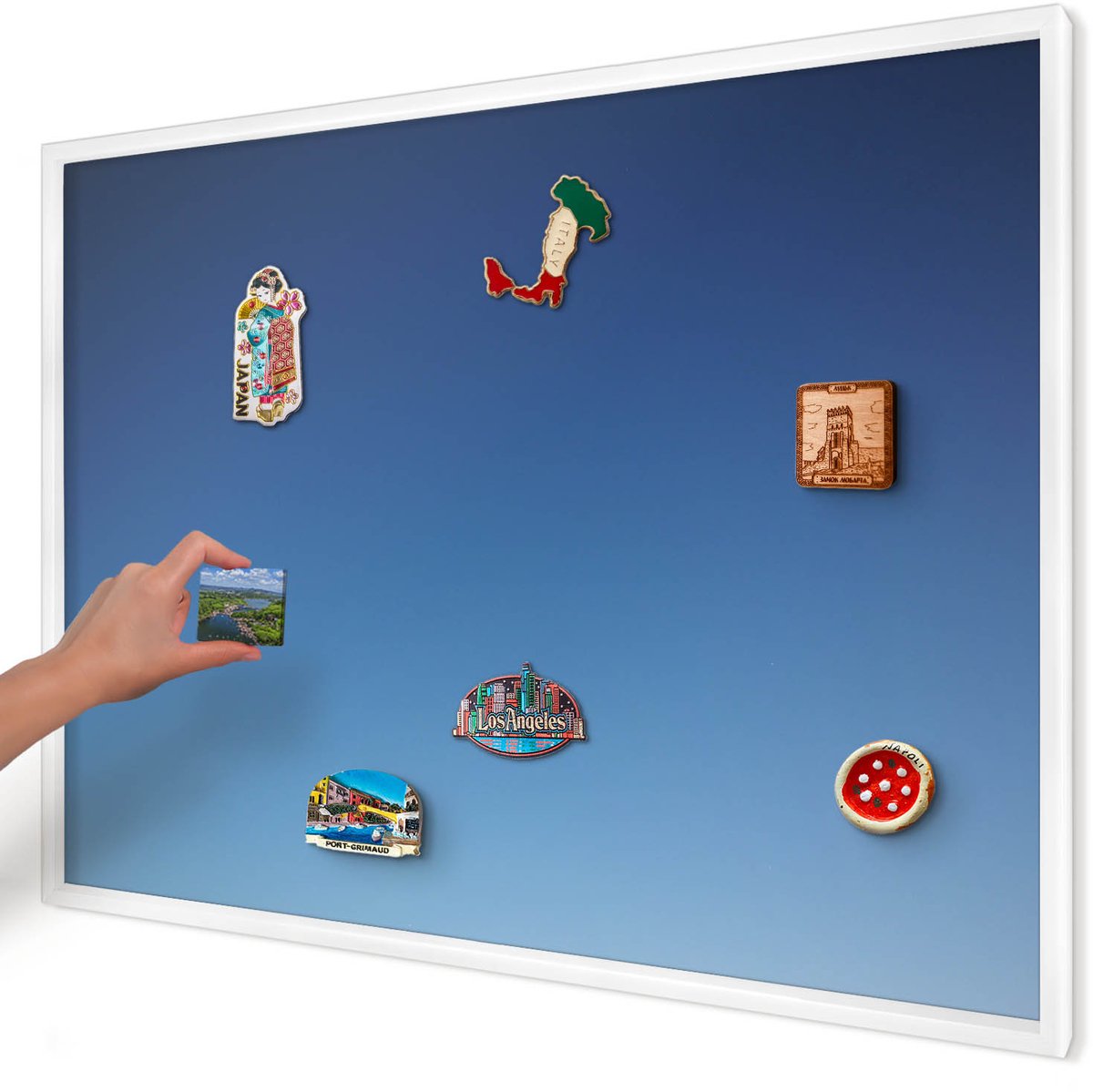 Artprintcave Blauw Magneetbord mit Witte Lijst - 100x70 cm - Blauwe Kleurovergangen Magnetisch Bord - Minimalist Magneetbord Voor Foto's - Achtergronden En Patronen