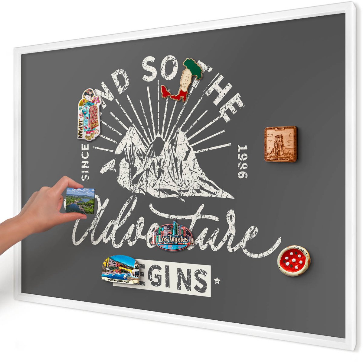 Artprintcave Grijs Magneetbord mit Witte Lijst - 100x70 cm - Berginscriptie Notitiebord - Vintage Magnetisch Bord - Teksten