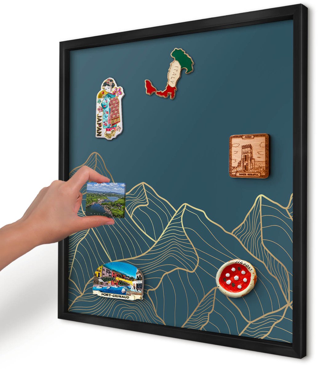 Artprintcave Blauw Magneetbord mit Zwart Frame - 50x50 cm - Bergminimalisme Wandbord Magnetisch - Minimalist Magneetbord Voor Keuken - Landschappen