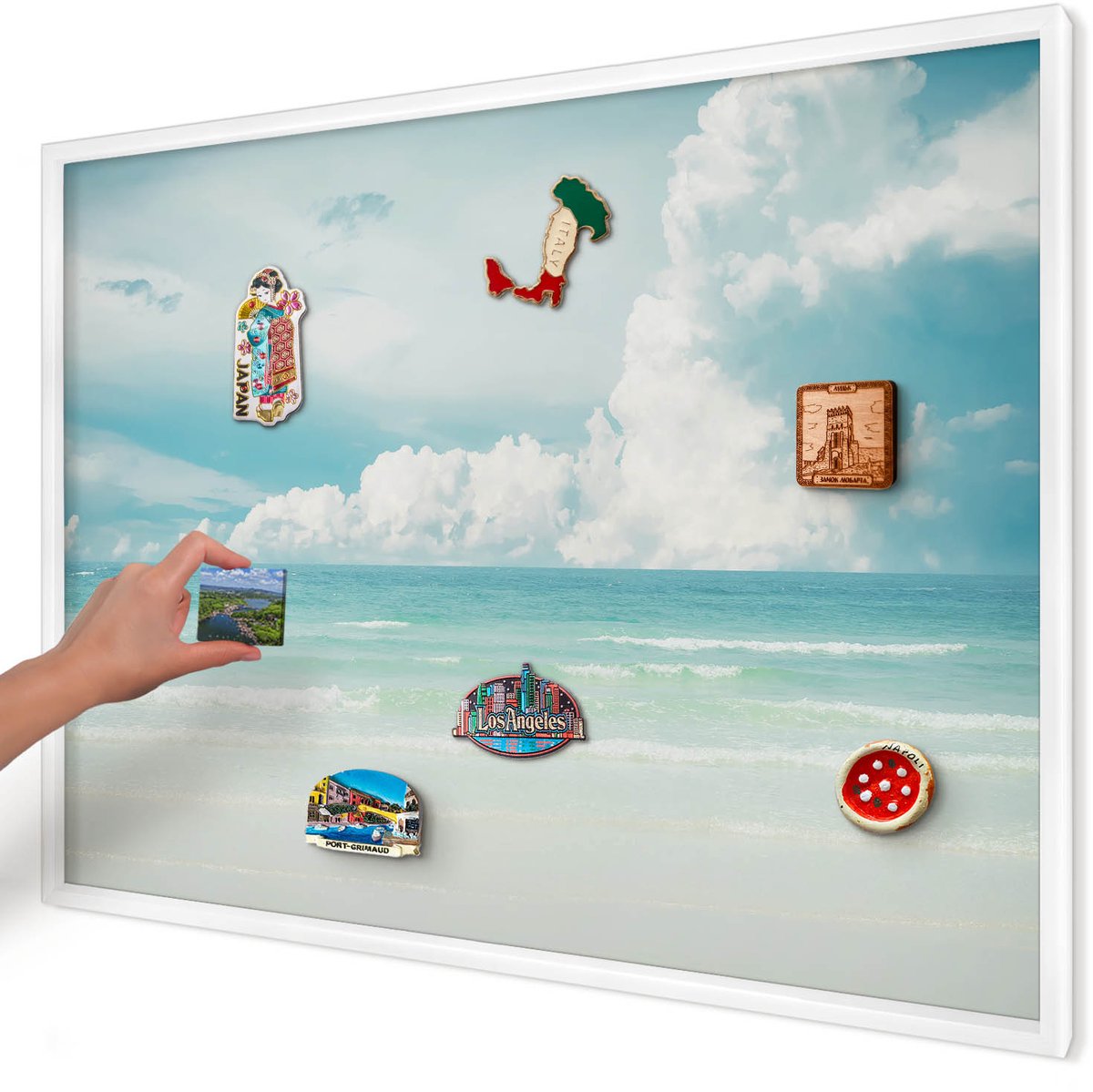 Artprintcave Blauw Magneetbord mit Witte Lijst - 100x70 cm - Maritieme Harmonie Bord Voor Magneten - Fotografisch Magneet Bord mit Frame - Landschappen