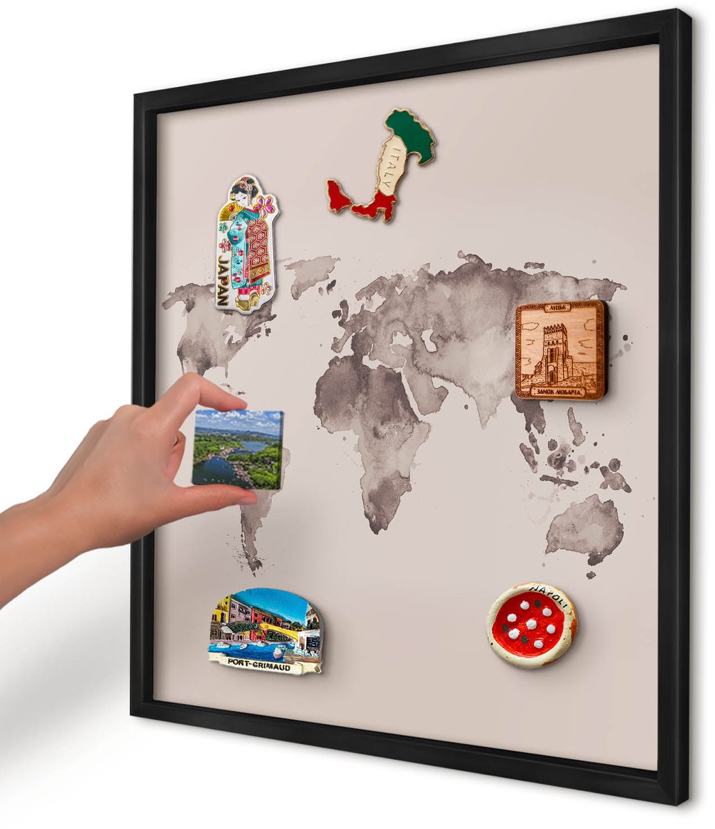 Artprintcave Bruin Magneetbord mit Zwart Frame - 50x50 cm - Wereldkaart Magnetisch Bord Voor Magneten - Waterverf Magnetisch Bord - Kaarten