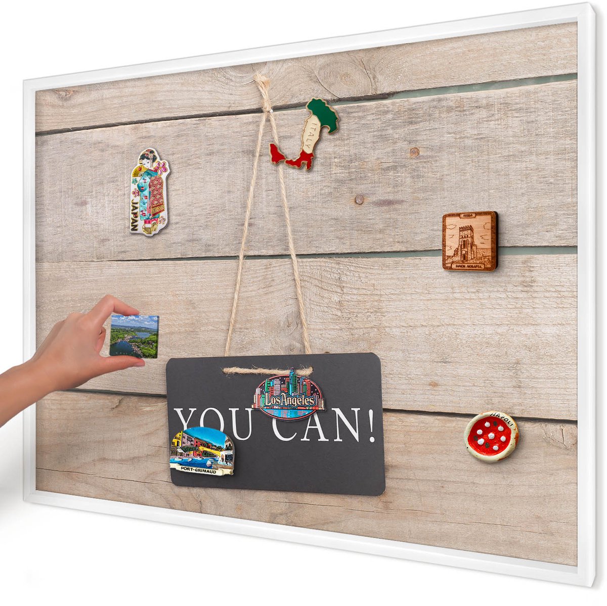 Artprintcave Beige Magneetbord mit Witte Lijst - 100x70 cm - Motivatie Elke Dag Wandbord Magnetisch - Rustiek Memobord Keuken - Teksten