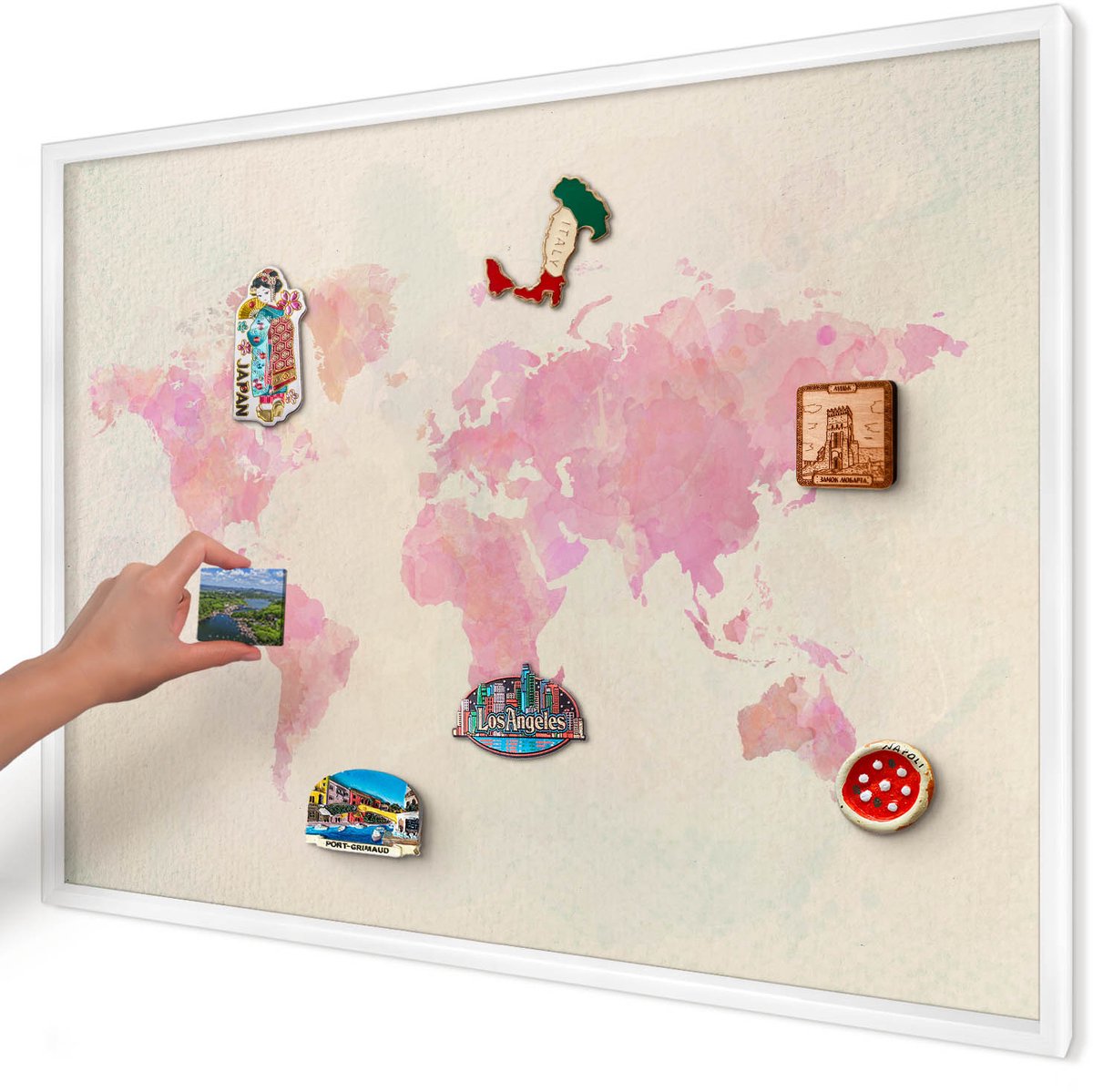 Artprintcave Roze Magneetbord mit Witte Lijst - 100x70 cm - Wereldkaart Memobord Keuken - Waterverf Magnetisch Bord - Kaarten