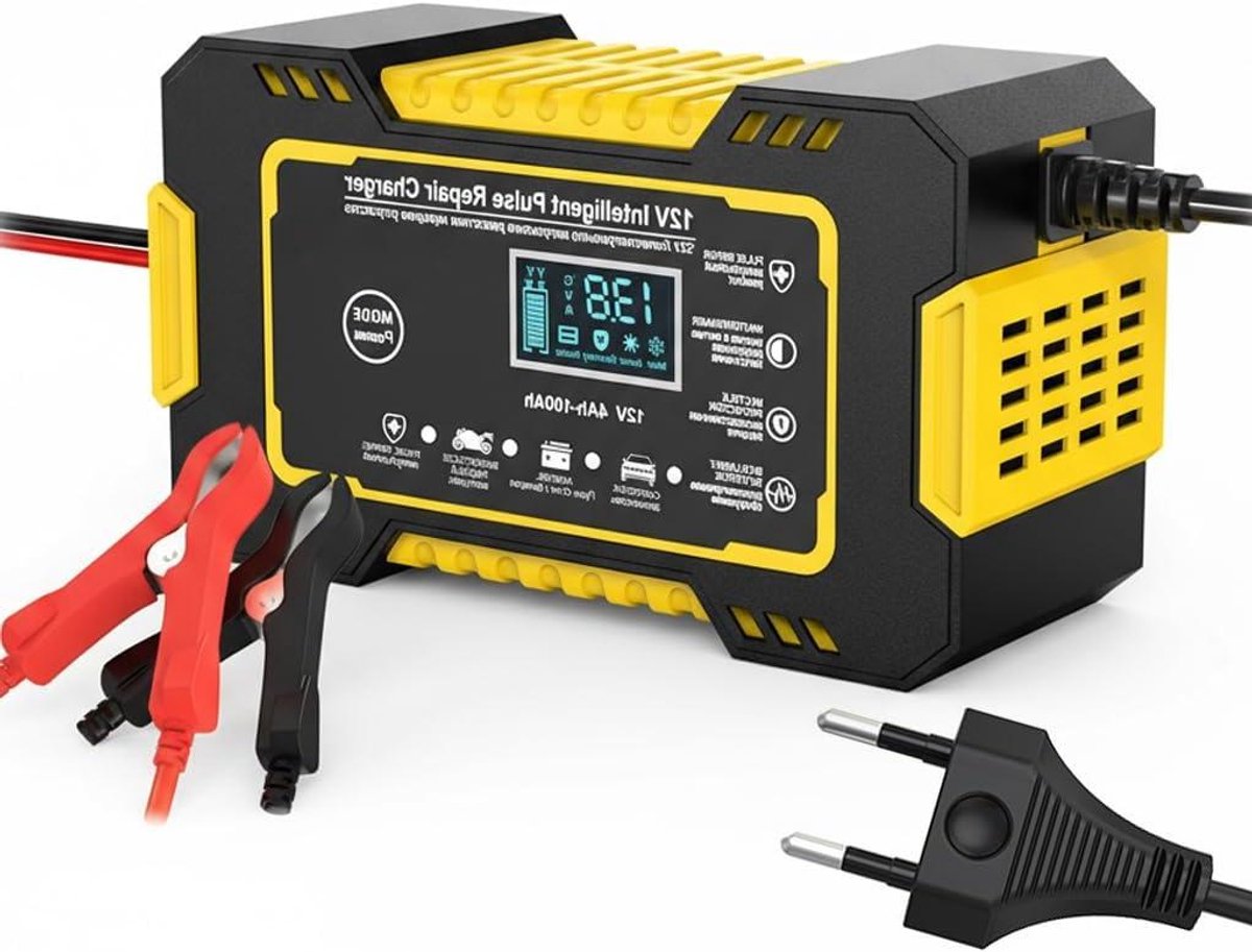 Acculader Auto - Batterijlader Motor - Accu Opladen - LCD Display - 12V 6A - Geel