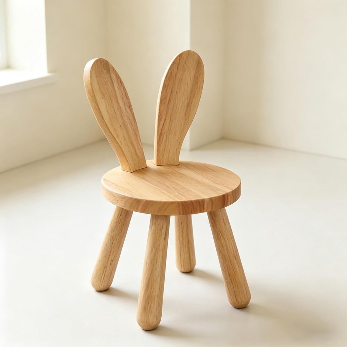 Individuele massief houten kinderstoel met rugleuning en antislip poten - 45 x Ø 26 cm - Perfect voor peuters en kleuters met schattige konijnenoortjes