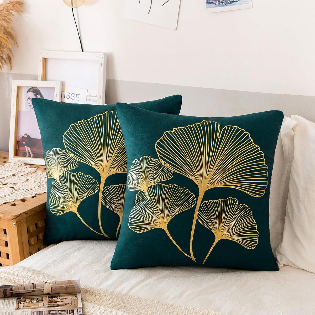 SnelShoppen - Set van 2 Kussenhoezen 45 x 45 cm, Ginkgo Biloba Velvet Kussenhoezen, Blauw, Donkergroen, Zachte Comfortabele Kussenhoezen voor Bank, Mo