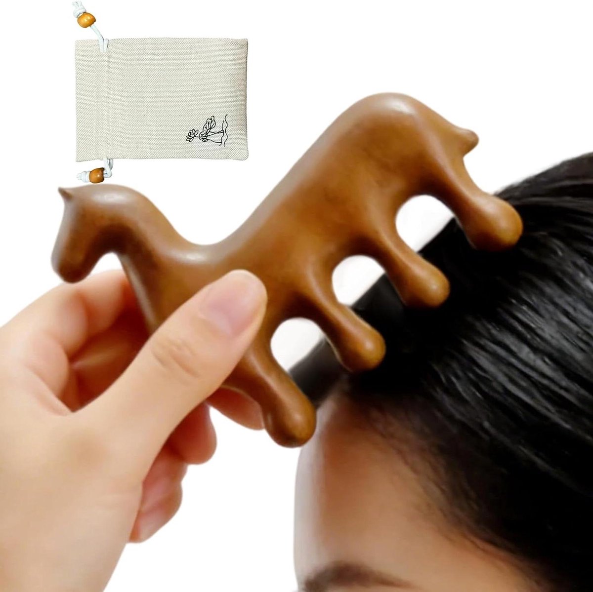 Houten Paardenkam - Haarkam Massagekam - Hoofdhuid Stimulatie - Kunstzinnig Paardendesign - 9.5 x 9 cm - Natuurlijk Hout