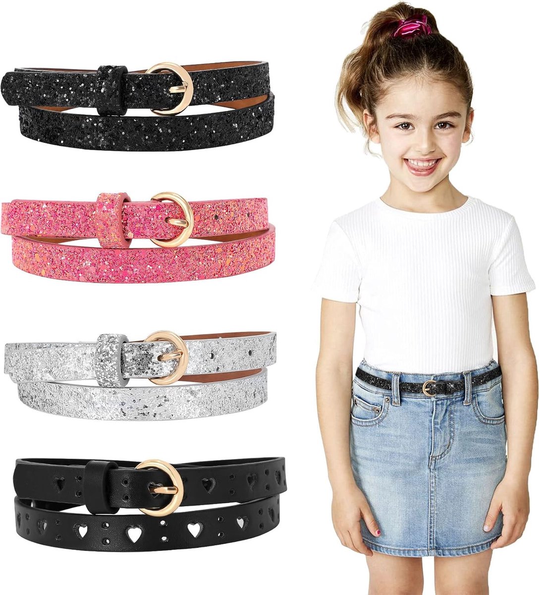 Skinny riem voor kinderen, glitter PU lederen riem voor meisjes, kleurrijke meisjesriem met gouden gesp voor jeansjurk