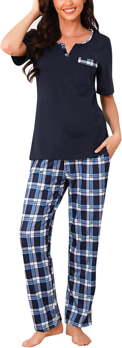 Pyjama voor dames, lang, geruit, korte mouwen, pyjamaset, katoen, nachtkleding, Lichtblauw M964, M