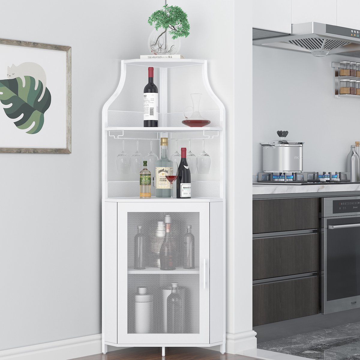 Hoekbar Wijnkast Industrieel - 5 Niveaus Drankenkast met Glashouder & Gaasdeur - Compacte Barkast voor Kleine Ruimtes - 154 cm Hoog - wit